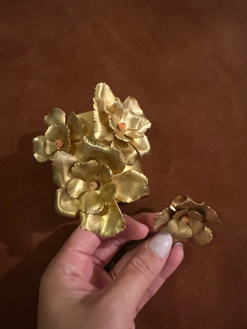 Citrine brass flower cuff bracelet and ring